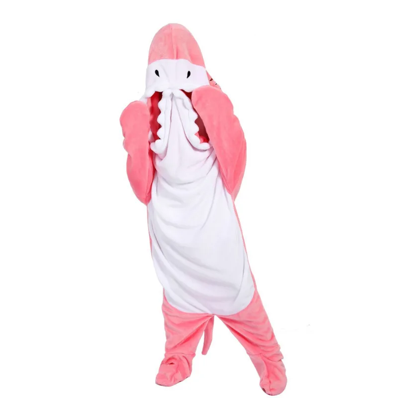 New Shark Shaped Plush Hooded Pajamas For Women And Men Y2k Pink Cute Warm Onesies Couple Jumpsuit Winter Home Casual Nightgown