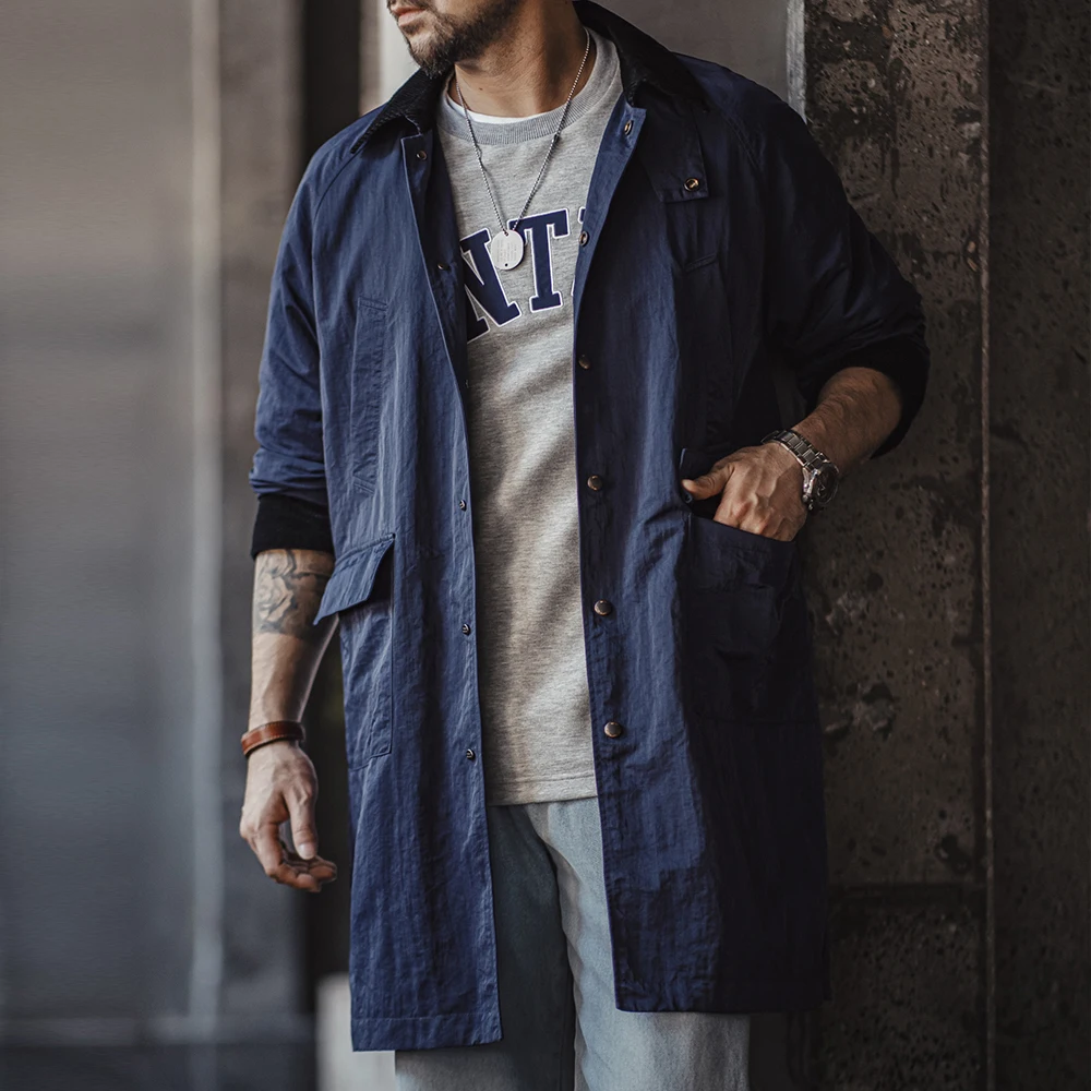 Trench Coat Casual Men Jacket Maden Retro Corduroy Lapel Safari Trench Coat Loose Fit Single-breasted Mid-length Versatile Jacket For Men's Spring And Autumn