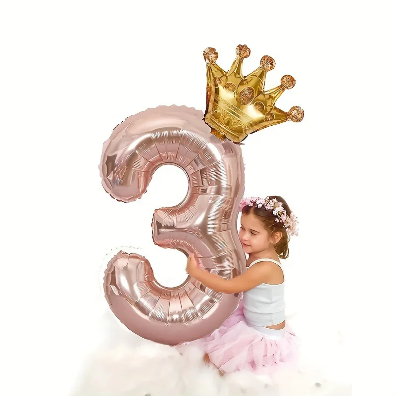 Rose Gold Crown Digital Balloon Set - 32 Inch Number Foil Birthday Decoration