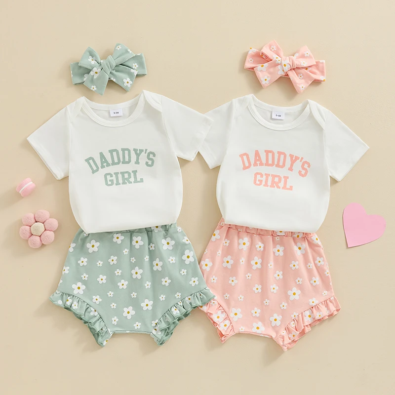 

Lioraitiin Newborn Baby Girl Summer Outfits Daddy’s Girl Short Sleeve Romper Flower Ruffle Shorts Headband 3Pcs Clothes Set