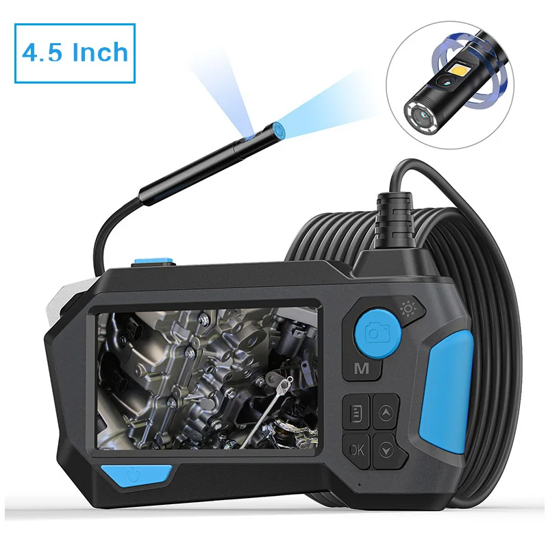 

4.5'' IPS Screen Dual Lens 9 LEDs Hard Wire Auto Rotation Industrial Endoscope Camera 360 Degree Steering Inspection Borescope