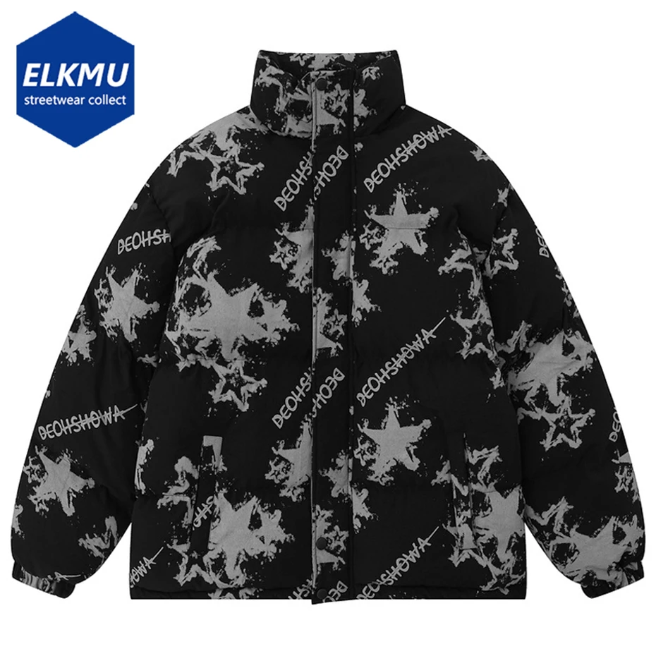 

Men Winter Jacket Parkas Coat Star Graphic Printed Streetwear Vintage Thicken Warm Coat Padded Parkas Jacket Black