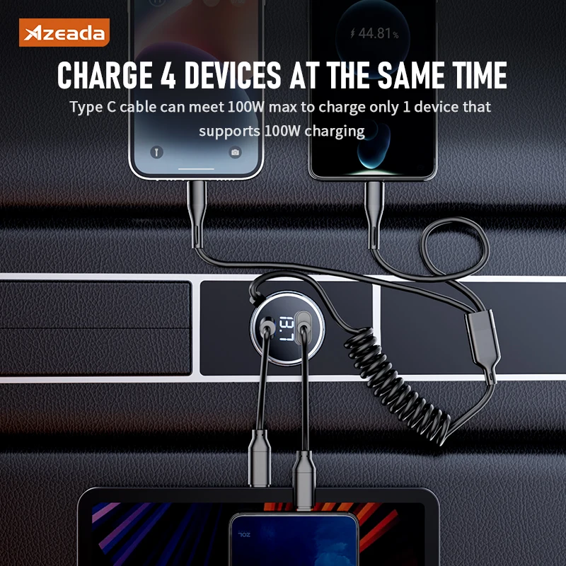 Gadgetoo Azeada 160W Usb Type C Fast Car Charger With Elastic Cable Portable For Iphone 15 14 Pro Max Tablets Gps Xiaomi 13 Oneplus Oppo