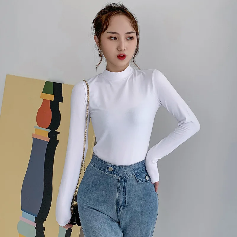여성용 세미 하이 칼라 언더셔츠, 얇은 가을 및 겨울 스타일, 긴팔 티셔츠 스타킹, 블랙