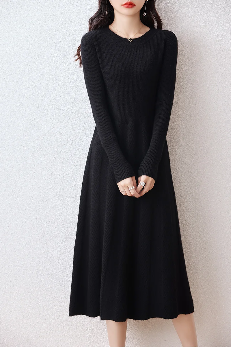 Women's Round Neck Pleated Dress, 100% Merino Wool, Multi-Color Long Sweater Traf, Autumn, Winter, New, Official 4