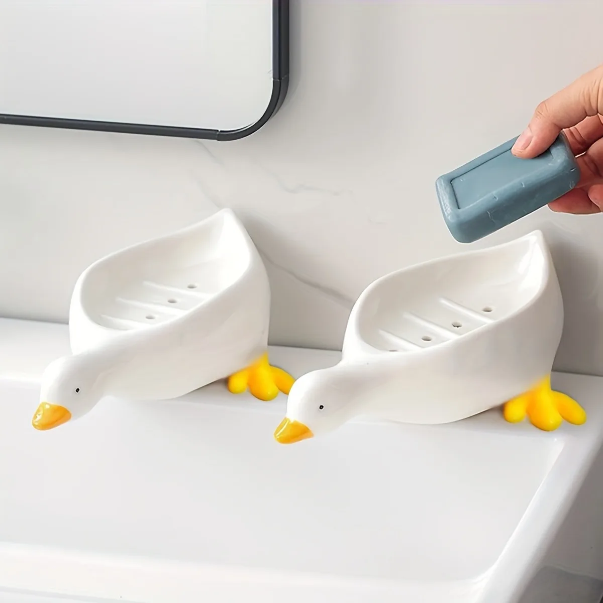 Duck Soap Dish Cute Self Draining Soap Holder with Tray Bathroom Decor Organizer for Sink Countertop Novelty Gift Idea