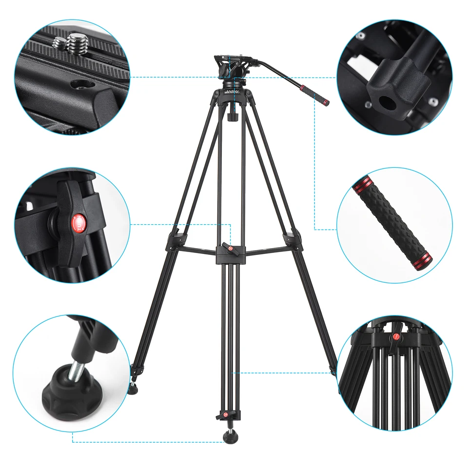 【Andoer】【最大高約180cm】【ビデオ三脚】【送料無料】 Andoer D1801 プロの写真三脚スタンドアルミ合金パノラマヘッド