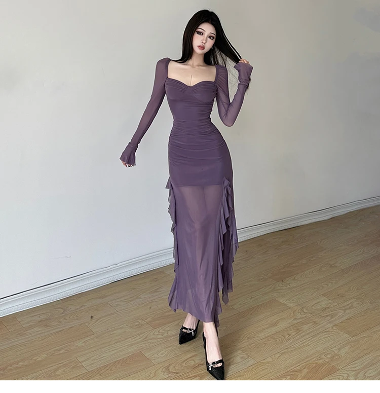 Sexy High Slit Bodycon Midi Dresses for Women Square Collar Long Sleeve Slim Evening Party Dress Club Prom Robe Y2K Vestidos New