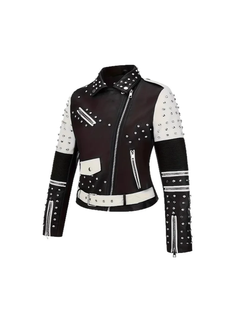 Nouvelle veste en cuir cloutée de luxe et à la mode, veste en cuir de moto, veste en diamant pour femmes punk rock slim fit 2026 nouveau