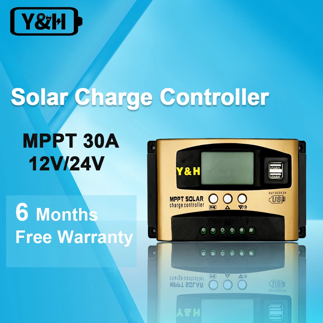 Y&H Laadregelaar op zonne-energie, 30 A, PWM, 12 V, 24 V, zonnepaneel, batterijlader met lcd-display, app-communicatie, dual USB, batterij 0 V start, laadspanning instelbaar, geschikt voor