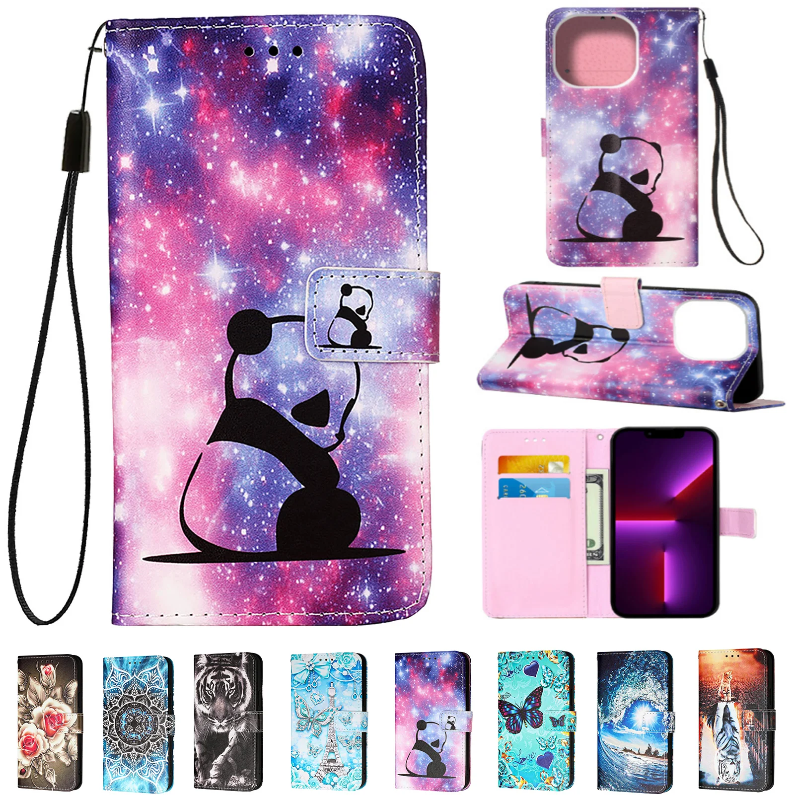 3D Painted Luxury Leather Flip Case with Lanyard and Card Holder Wallet Cover