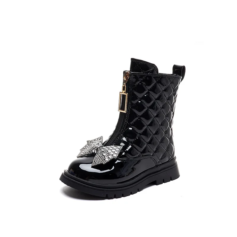 27-37 Girls Boots 2023 Autumn Winter New Glossy Chelsea Kids Versatile Rhinestone Bow Little Princess Casual Korean Boots