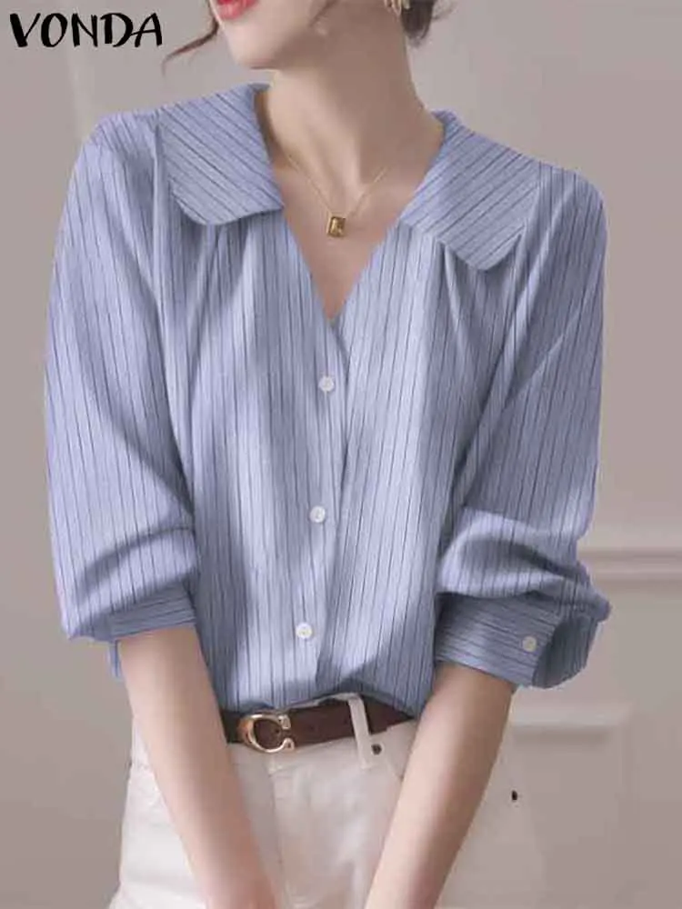 

Модные рубашки 2023 VONDA Женская Сексуальная полосатая блузка повседневные топы с коротким рукавом-фонариком женские офисные рубашки большого размера