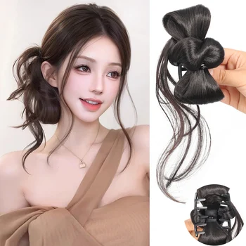 synthetic Style Bun Wig Fake Hair Claw Brush Shiny Dragon Beard Flower Bud Hair Wrap Realistic Asian Fiber Tail Hair Extension