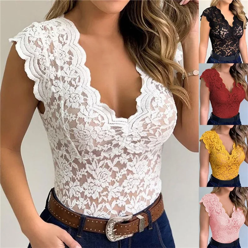 Women Lace Deep V Neck Sleeveless Summer Blouse