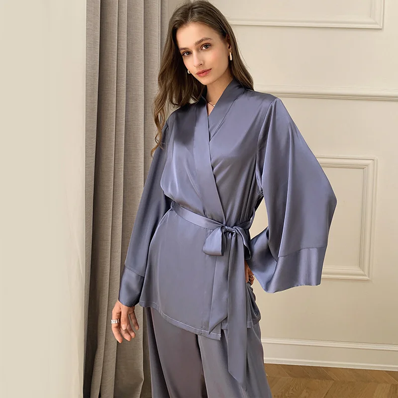 2022 New Pajamas Women's Spring Summer Long Sleeve French Ice Silk Satin Chiffon Home Clothes Thin Suit 2702