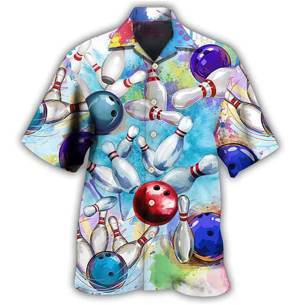 Bowling Pattern Summer Beach Hawaiian Shirt Man Camping 3d Vintage Stripe Short Sleeve Casual Vacation Imported Clothing Floral