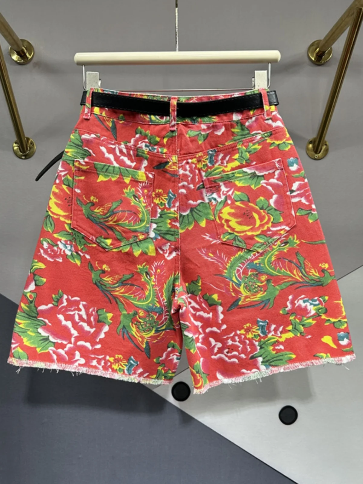 Vintage Big Flowers Denim Half Pants Female 2024 Spring New Loose All-Match Slim Wide Leg High Waist Straight Jean Middle Pants