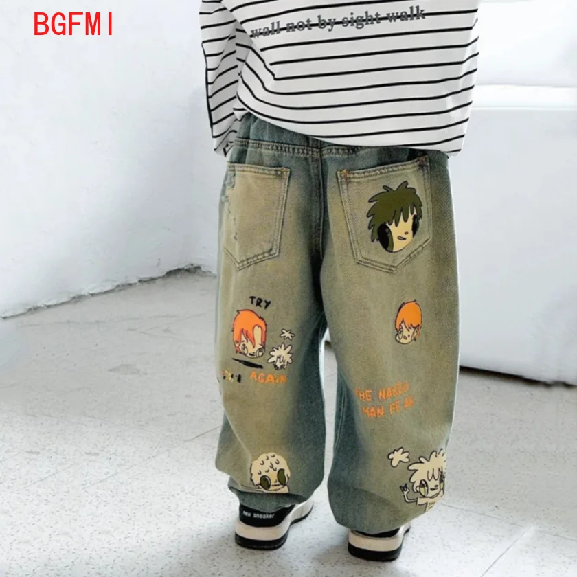 

3-12Yrs Boys Hole Letter Straight Leg Pants Spring and Autumn 2024 New Children's Spring Mid Size Teenager Jeans Pants Cartoon
