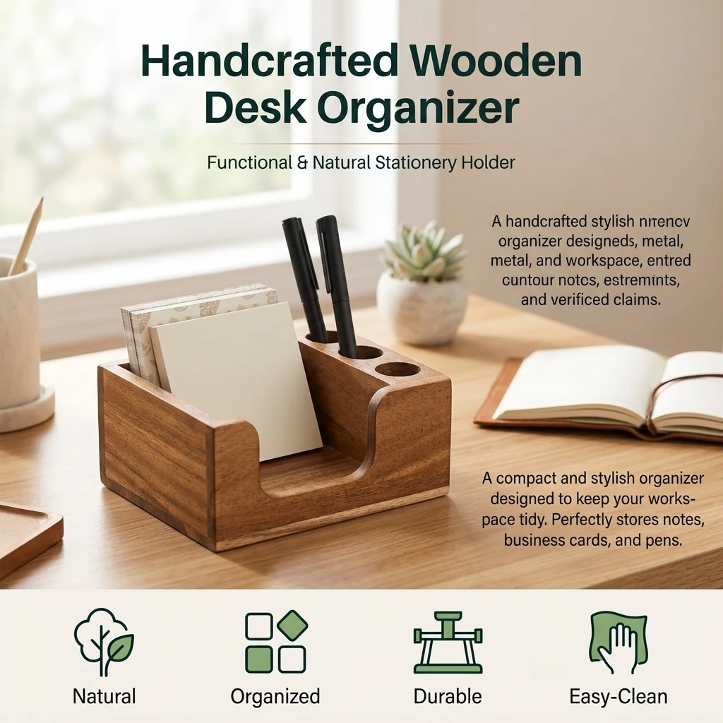 Organizer da Scrivania in Legno Massello con Superficie Liscia e Finitura Ecologica, Design con Scomparti Funzionali per Ufficio e Studenti - immagine 4