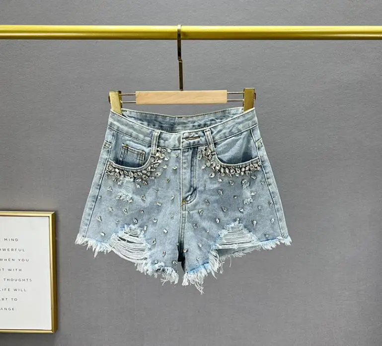 Ripped denim shorts women\'s 2022 new summer high-waisted diamond wide-leg short pants