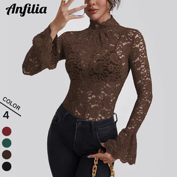 Anfilia Women Lace Shirts Turtle Neck Elegant Flare Long Sleeves Hollow Out Slim-fit Crochet Sexy Blouse 1