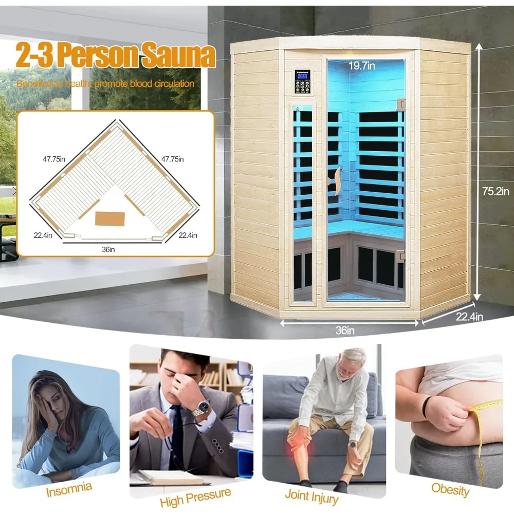 Far Infrared Wooden Sauna Room, 2-3 Person Home Sauna, Canadian Hemlock Indoor Corner Sauna Spa, 7 Low EMF Heaters, 2 Bluetooth 6