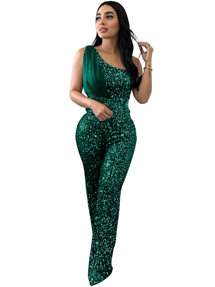 Sexy One Shoulder Solid Color Long Jumpsuit Women 2023 Fashion Sequin Sleeveless Bodysuit Elegant Red Female Jumpsuit for Party hlj sexy sequin bodycon party nightclub sling rompers women thin strap sleeveless jumpsuit fashion female slim one piece overall