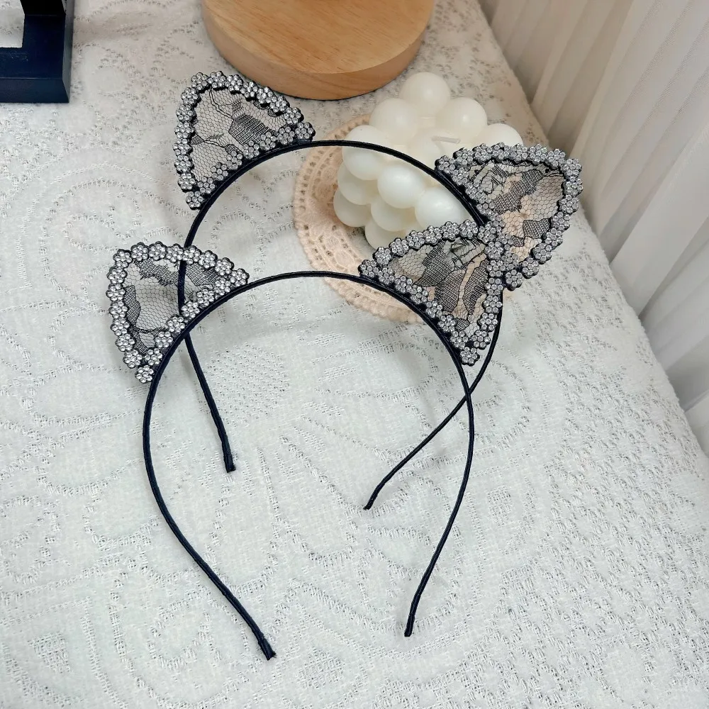 Cute Lace Cat's Ears Rhinestone Thin Edge Headband Fashion Hair