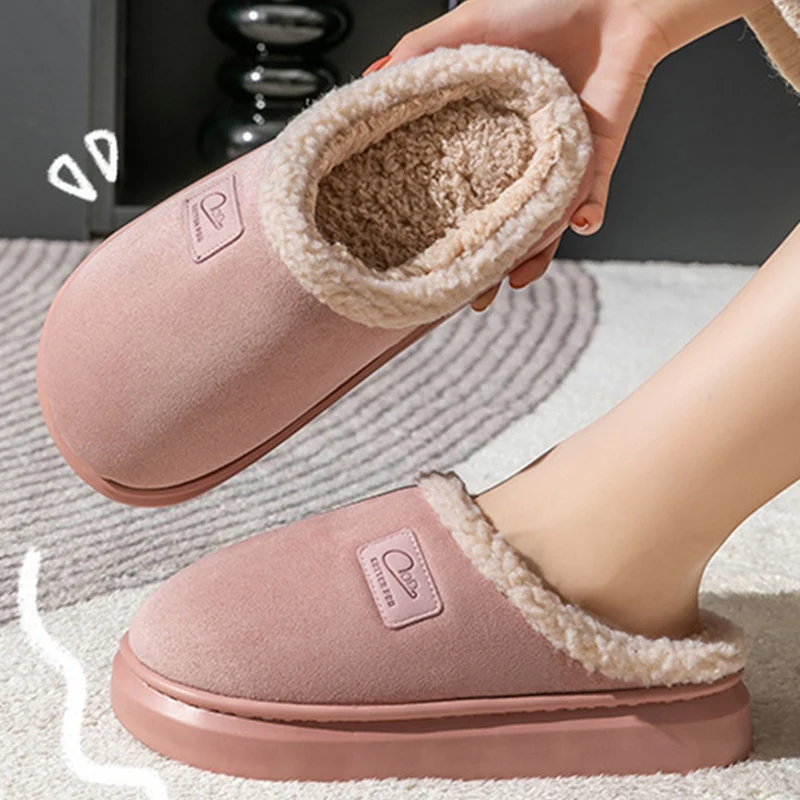 Closed Toe Suede Home Slippers for Women Winter Thicken Fleece Lined Cotton Slippers Woman Soft Bottom Cotton Indoor Shoes Mujer