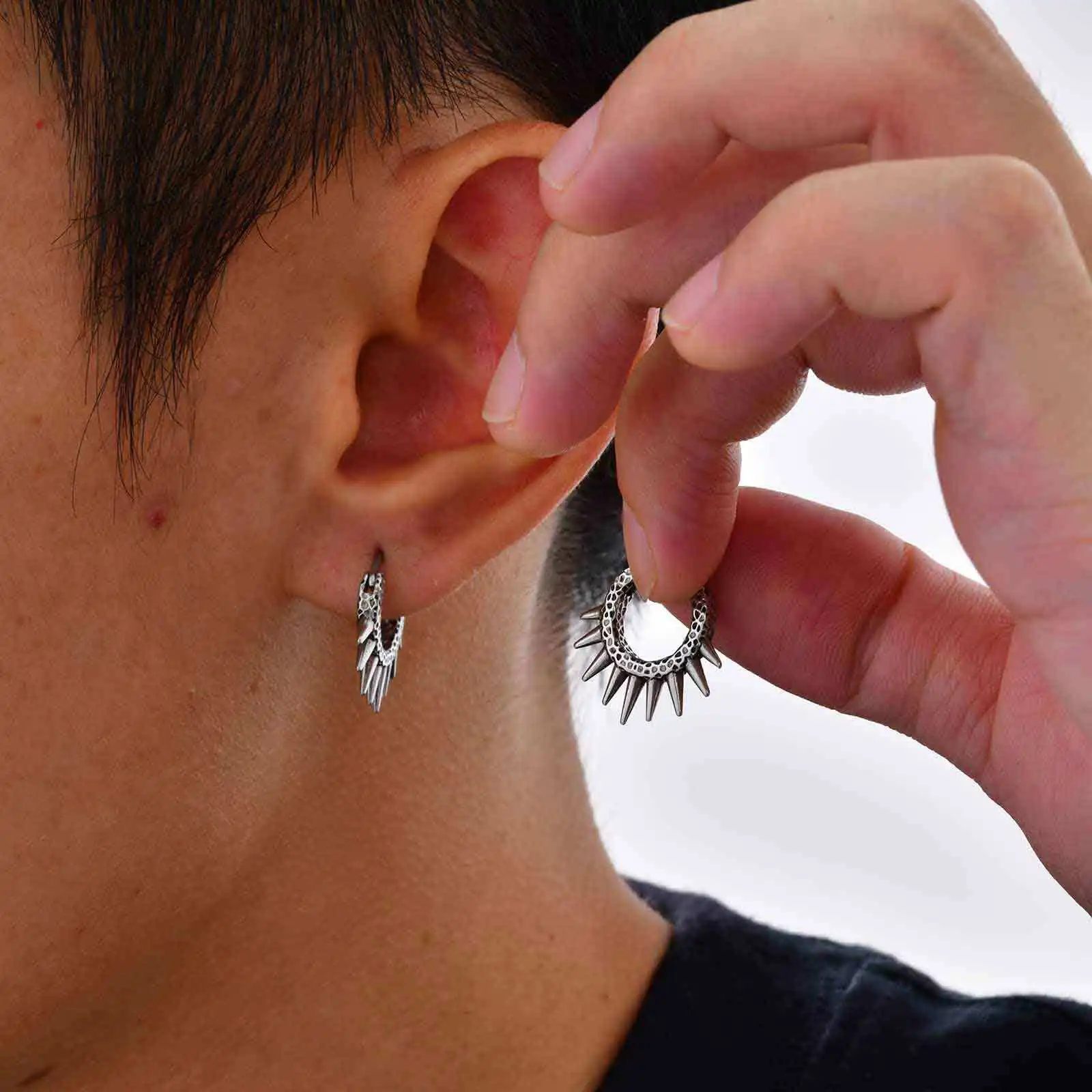 Rock Punk Men's Rivet Hoop Earring,Waterproof Stainless Steel Huggies Hoop Earring,Biker Party Jewelry Hypoallergenic Earring