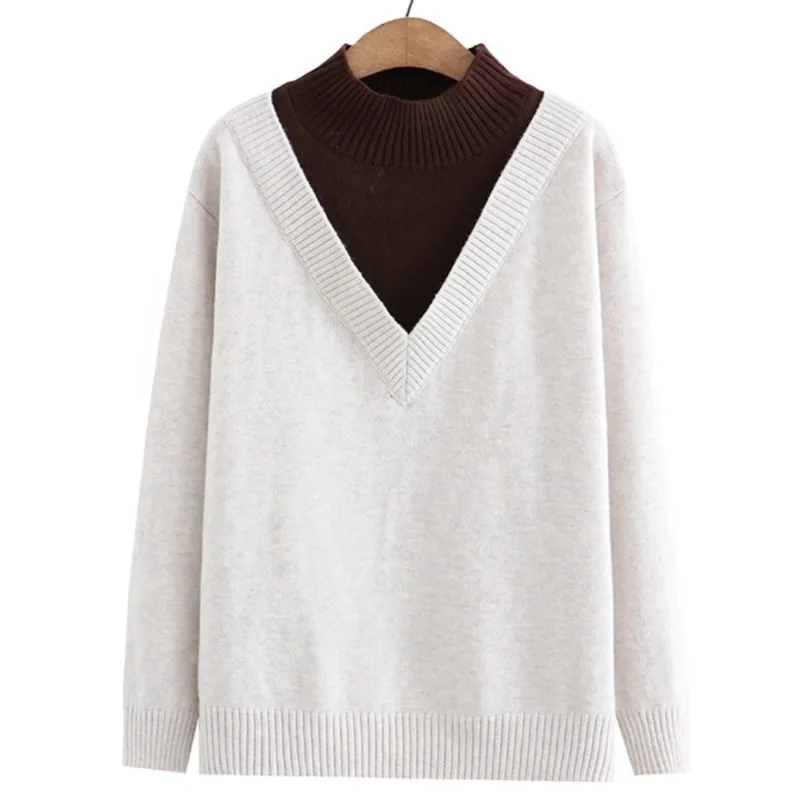

4xl Autumn Plus Size Jumper Woman Clothing LOOSE Knitted Pullover Fashion False Two Pieces Mock Neck Curve Sweater Winter