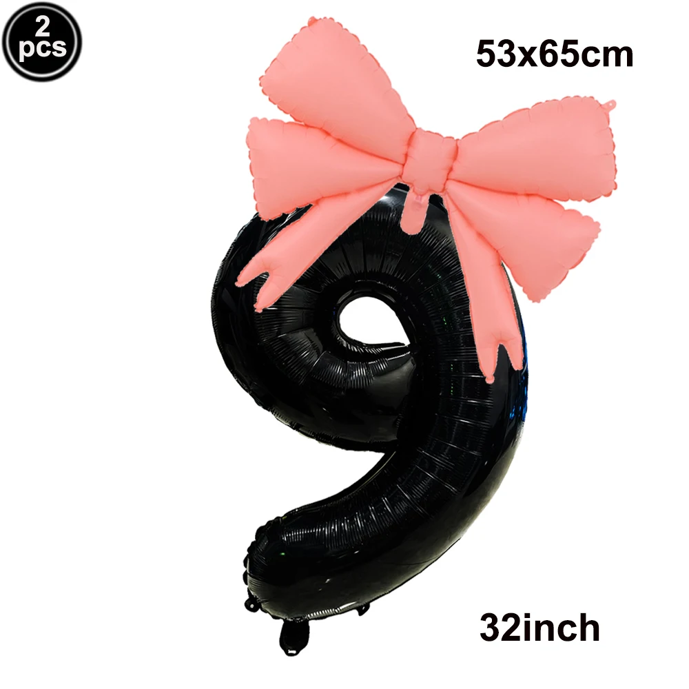 32 Blue, Pink, and Black Number Balloons with Ribbon Bows