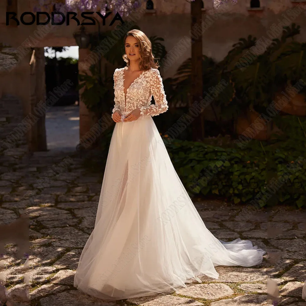 RODDRSYA A Line Bride Wedding Dresses Long Sleeve Applique Backless Lace Boho Bridal Gown Vestido
