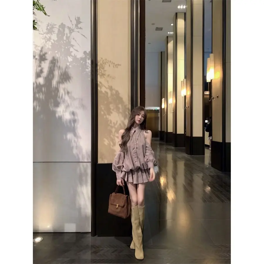 Nicemix Abito camicia a maniche lunghe con colletto polo per donna Autunno nuovo elegante mini abito a pieghe a trapezio casual con spalle scoperte - immagine 4