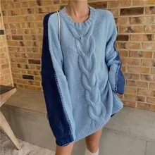 

2022 Casual Sweater Stitching Trend Keep Warm Queen Pullover Cable Knit Sweater Women Oversize Sweater Large Knit Top Winter