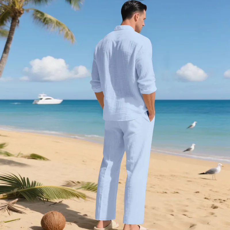 Men's Autumn Loose Trend Linen Solid Color Simple Lapel Long-Sleeved Shirt Beach Trousers Set