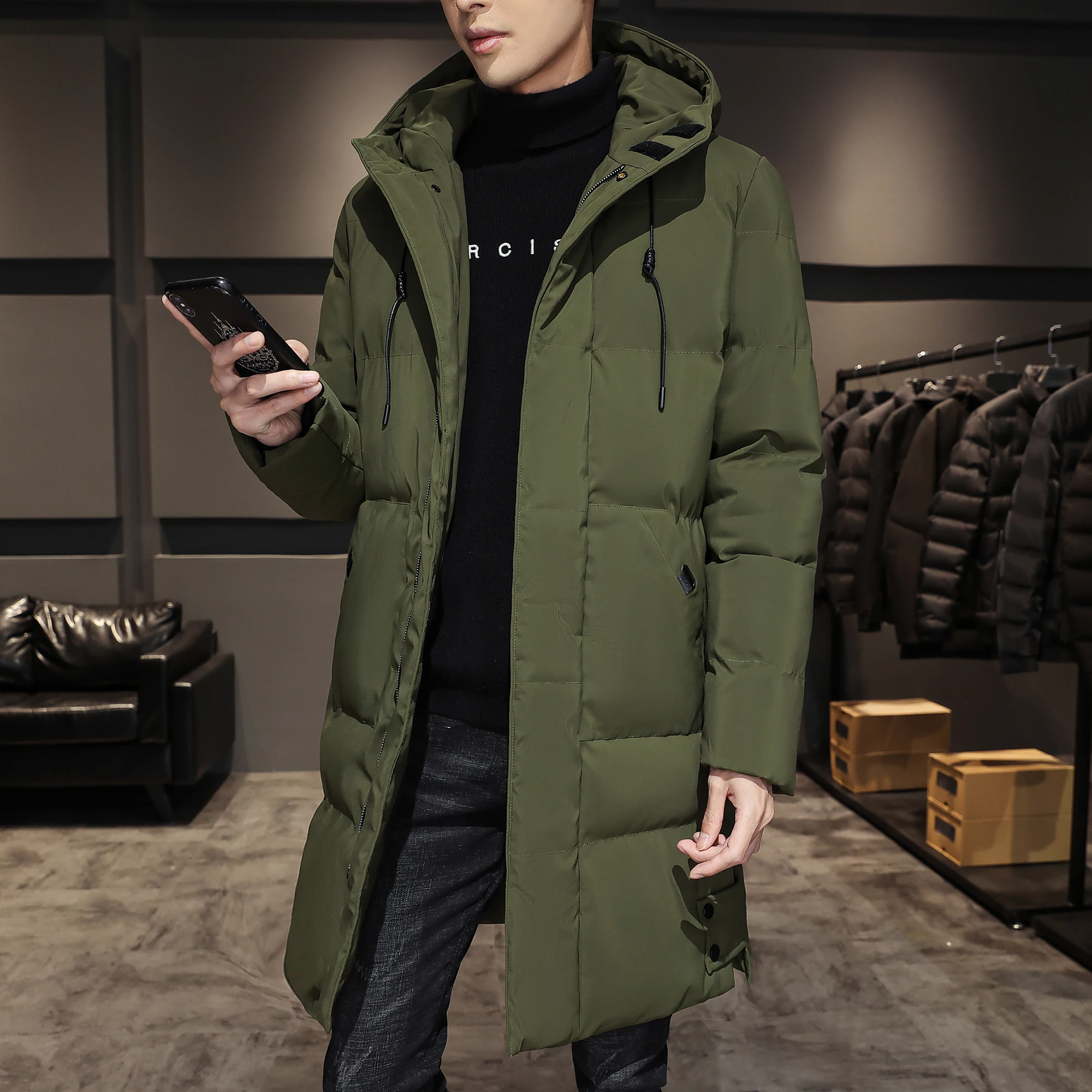 Long Cotton-padded Coat Warm Simple Solid Color Thin Look