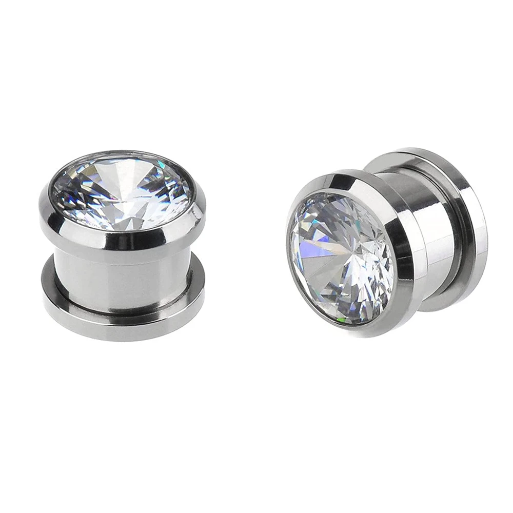 1PC Stainless Steel Cubic Zirconia Screw Tunnels Ear Stretcher Plugs