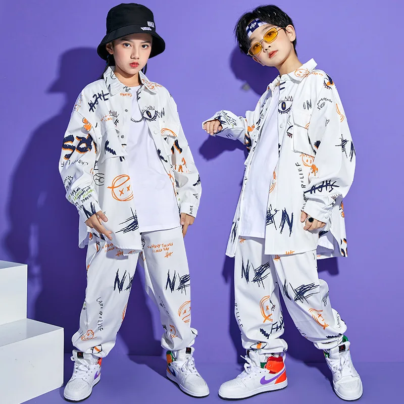 Fashion Graffiti White Hip Hop Costumes 4 Girls Boys Ballroom Stage Outfit Perform Kids Dance Competition Jazz Dancing T Shirts