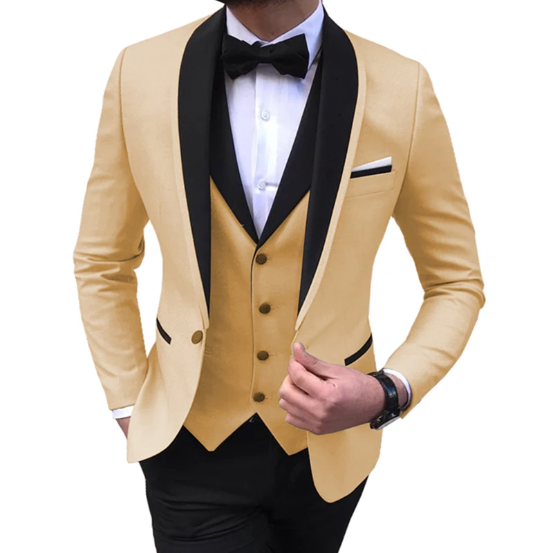 Men Business 3 Pcs Suits Set Coat Trousers Male Slim Wedding Groomsmen Colorblock Blazers Jacket Pants Vest