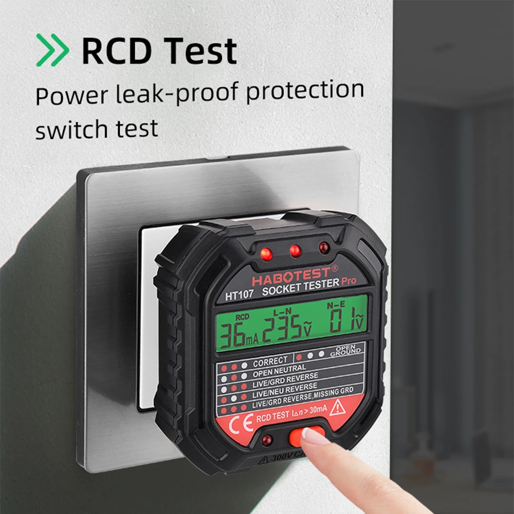 HABOTEST HT107 Socket Tester EU UK US Plug Digital Outlet Socket Detector 5/30mA 250V Voltage Meters RCD Polarity Phase Check