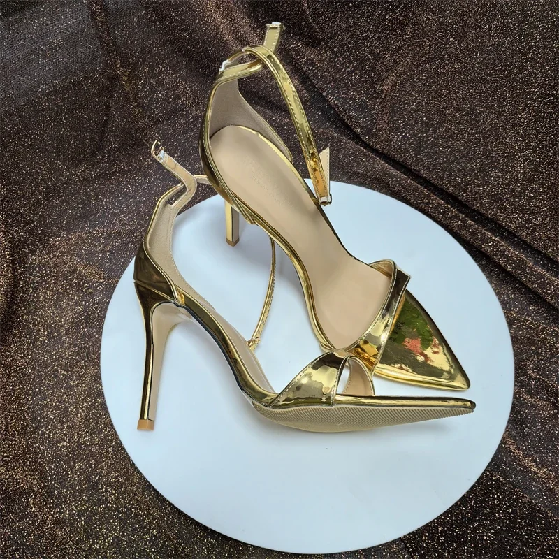 Women Naked pointed thin heel summer patent leather one-piece buckle sandals exposed toes women sandals