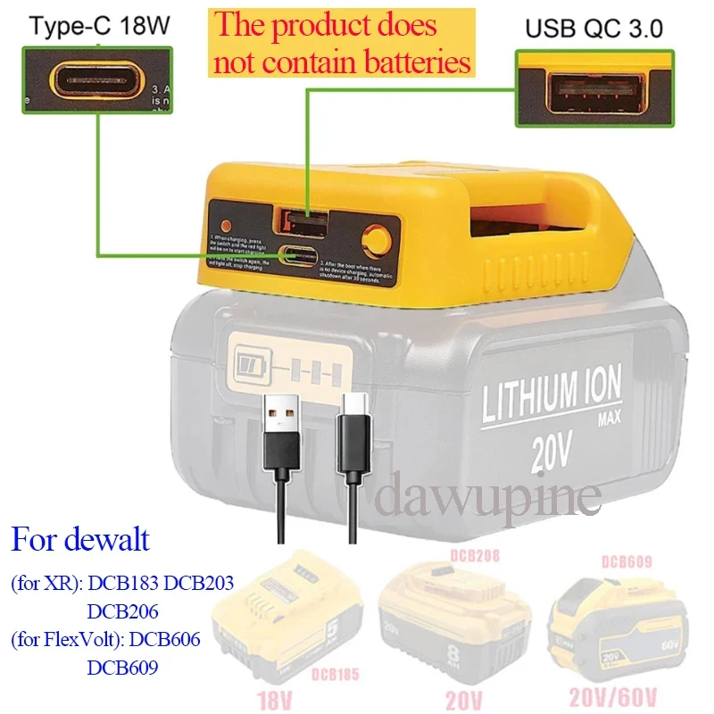 อุปกรณ์เครื่องมืออะแดปเตอร์สําหรับ DeWalt 18V 20V Li-Ion แบตเตอรี่ Type-C USB Charge Power Bank DCB200 DCB205 DCB183 DCB203 DCB206 1
