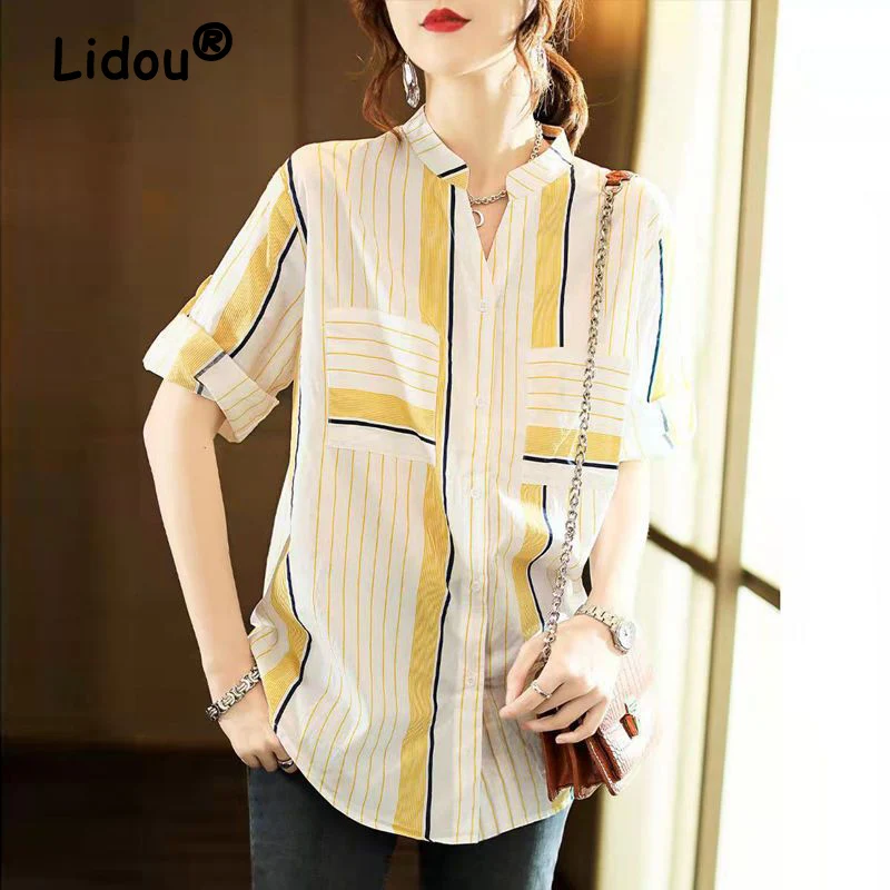 

Simple Fashion Striped Print Cotton Button Up Shirt Summer Casual V-Neck Short Sleeve Loose Tunic Tops Blouses for Women Blusas