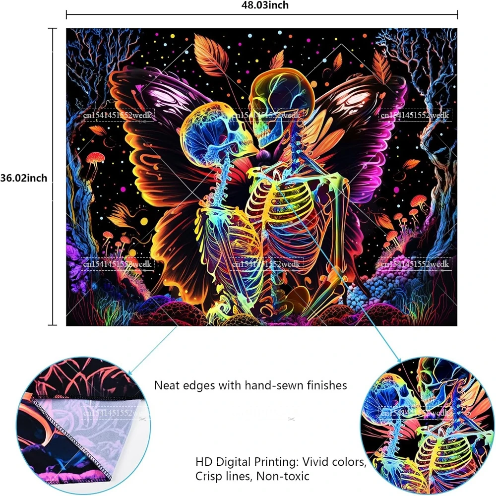 Tapestry Decorations Blacklight Skull Butterfly Tapestry UV Reactive Mushroom Tapestries Kissing Lovers Skeleton Tapestry Neon Glow In The Dark