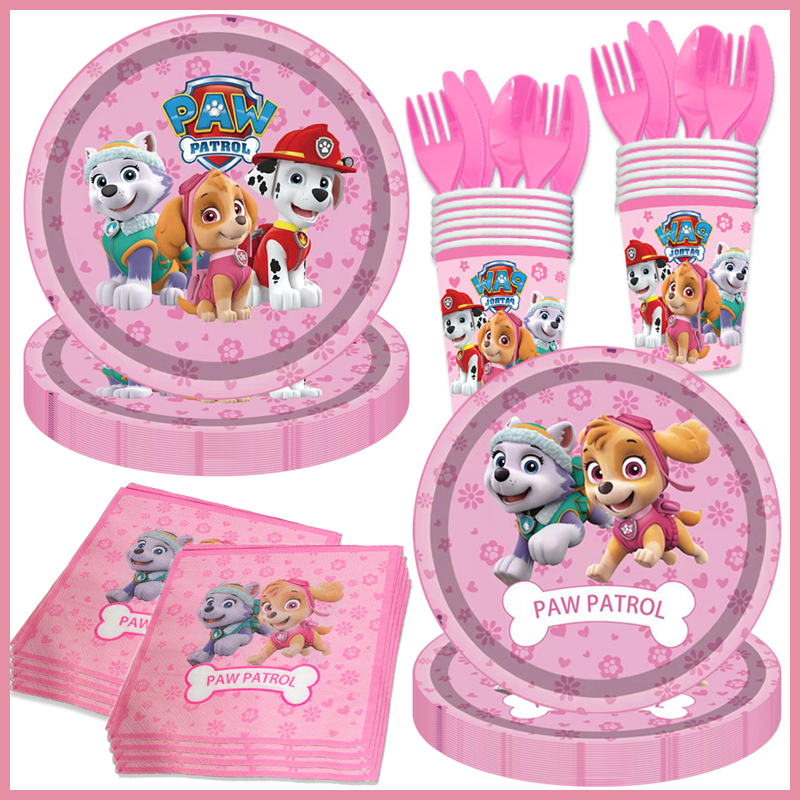 New Skye Paw Patrol Birthday Party Decoration Pink Canine Tableware Paper Plates Cups Napkins Skye Theme Party Balloons Supplies