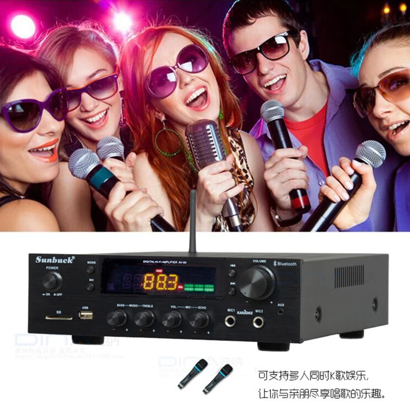 Sunbuck AV80 2.0 Karaoke Home Power Amplifier With Bluetooth Fm Radio Usb Sd High Power 150W+150W Professional Audio Amplifier