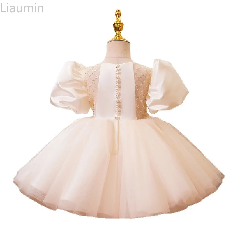 

Flower Girl Dress Pageant Skirt For Kids Short Sleeve Princess Clothing Ball Gown Knee-Length Hand Made Custom Solid Color