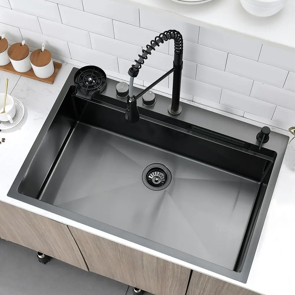 33 Drop In Kitchen Sink with Faucet Combo, 33x22 Inch Drop In Waterfall Kitchen Sink Workstation 16 Gauge S